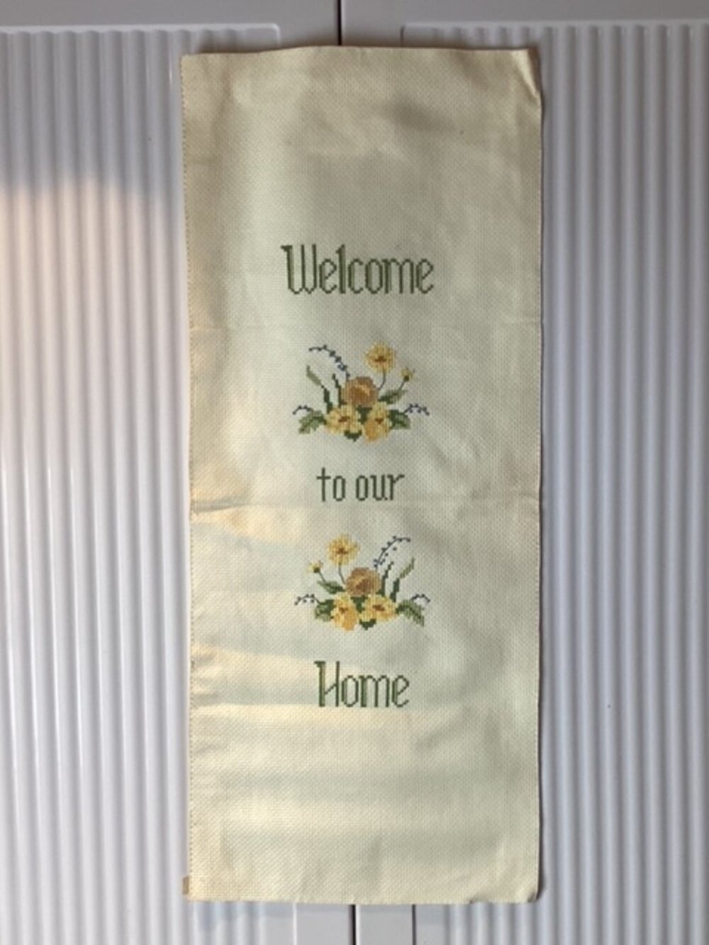 Handmade Vintage Needlecraft "Welcome to Our Home" Yellow Floral 21"x9"